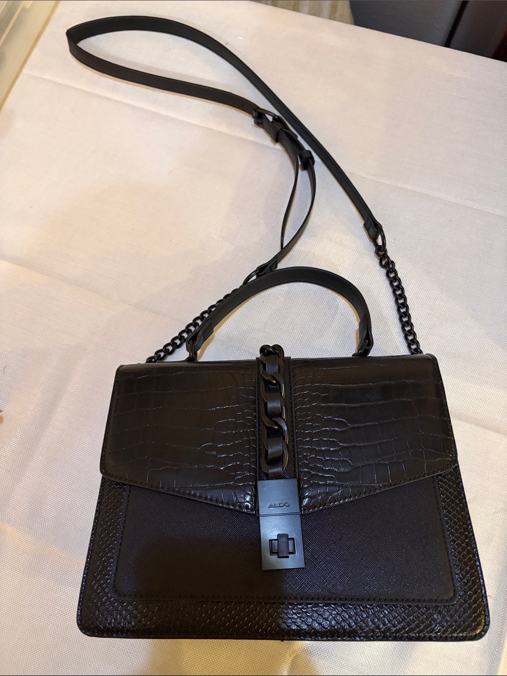 ALDO Black Faux-Croc Satchel with Chain Accent